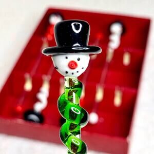 Vintage Glass Snowman Swizzle Sticks Boston Warehouse Cocktail Stirrer Christmas